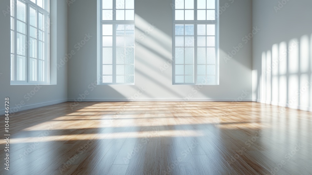 A spacious, bright room with large windows allowing sunlight to flood the interior, illuminating the wooden floor in a contemporary setting with high ceilings. A spacious, bright room with large windows allowing sunlight to flood the interior, illuminating the wooden floor in a contemporary setting with high ceilings.