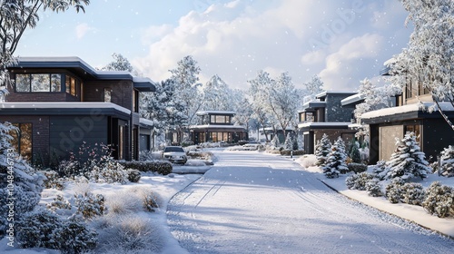 Holiday lights brighten modern homes on a freshly snow-covered cul-de-sac.