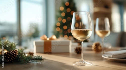 A white wine glass is elegantly poised on a table adorned with holiday ornaments, a Christmas tree in the background, glowing under golden lights creating festive cheer. photo