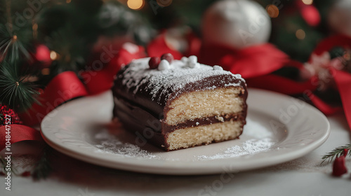 Wallpaper Mural Christmas Yule log cake slice with chocolate frosting and powdered sugar on a white plate, surrounded by festive holiday decor with red ribbons and ornaments Torontodigital.ca