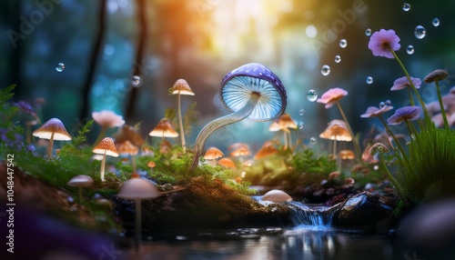 A playful brook rill stream scene with fantastic flowers and mushrooms in forest for background_