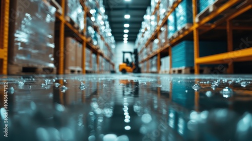 A reflective wet floor in a warehouse showing mirrored orange shelves and a blurred forklift, creating a dynamic atmosphere of industrial activity. photo