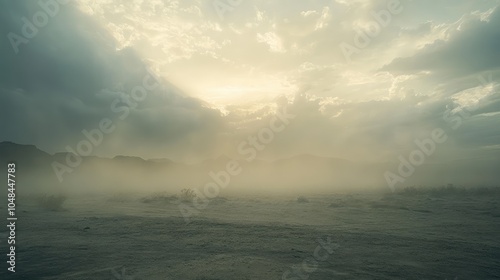 A thick hazy sky with light gray clouds obscuring the horizon, creating a moody, atmospheric scene as the light fades