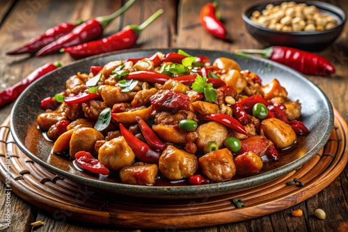 Close-up of Delicious Kung Pao Chicken with Glossy Sauce, Roasted Peanuts, and Chili Peppers on Rustic Plate - Exquisite Asian Cuisine Photography