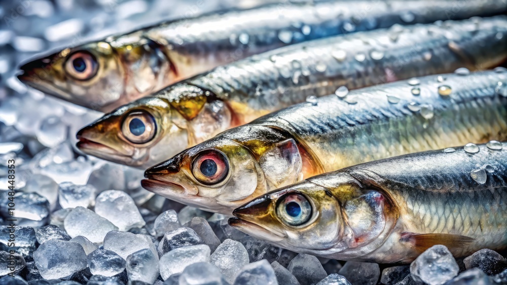 Close-up of Fresh Sardines on Ice with Shiny Scales Perfect for Gourmet Seafood Dishes, Capturing the Essence of Culinary Excellence and Freshness Close-up of Fresh Sardines on Ice with Shiny Scales Perfect for Gourmet Seafood Dishes, Capturing the Essence of Culinary Excellence and Freshness
