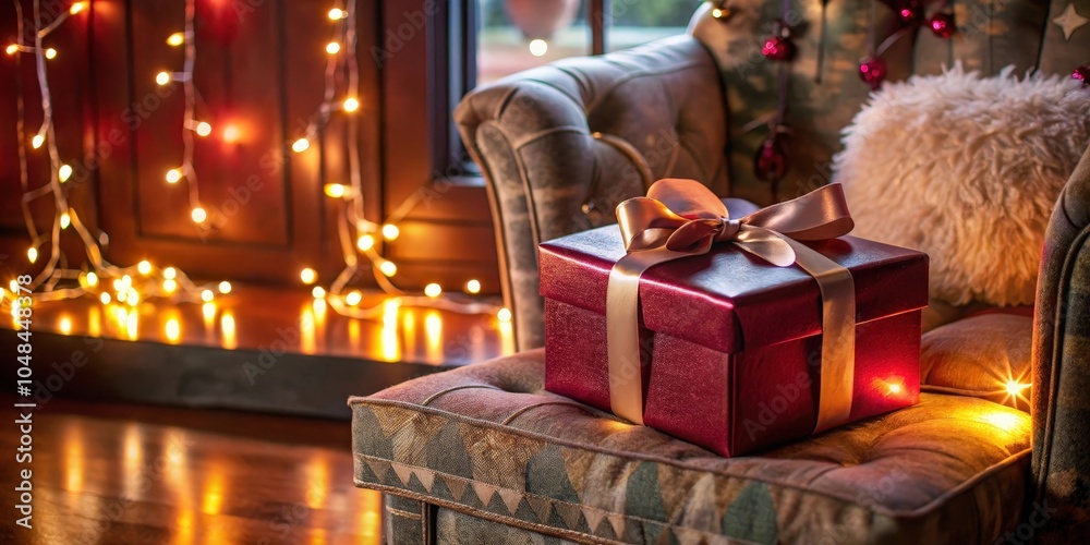 A crimson gift box with a golden ribbon rests on a cozy armchair, bathed in the warm glow of festive lights. A crimson gift box with a golden ribbon rests on a cozy armchair, bathed in the warm glow of festive lights.