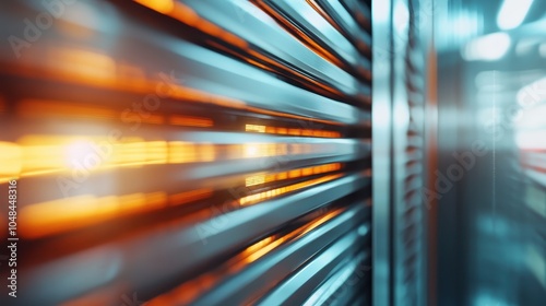 An intricately lit perspective of server blades glowing orange inside a modern system, emphasizing efficiency, functionality, and the technological era. photo