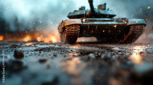 A military tank is maneuvering through a fiery and intense battlefield scene, depicted in dynamic action under an atmospheric sky, symbolizing strength and strategy. photo