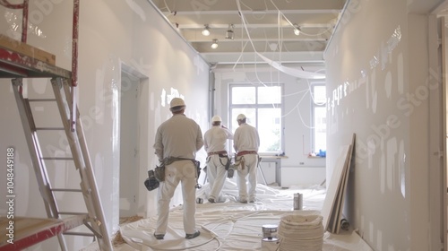 A team of painters carefully priming the walls of a newly renovated office space.