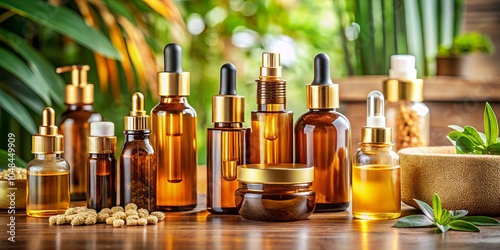 Collection of Amber Glass Bottles with Golden Lids on Textured Surface for Cosmetic and Essential Oil Products Showcase, Perfect for Natural Beauty and Wellness Themes