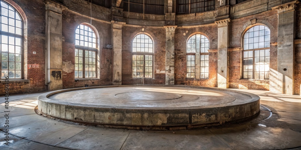 Obraz premium A circular concrete platform in a decaying industrial building, bathed in the soft glow of sunlight streaming through arched windows.