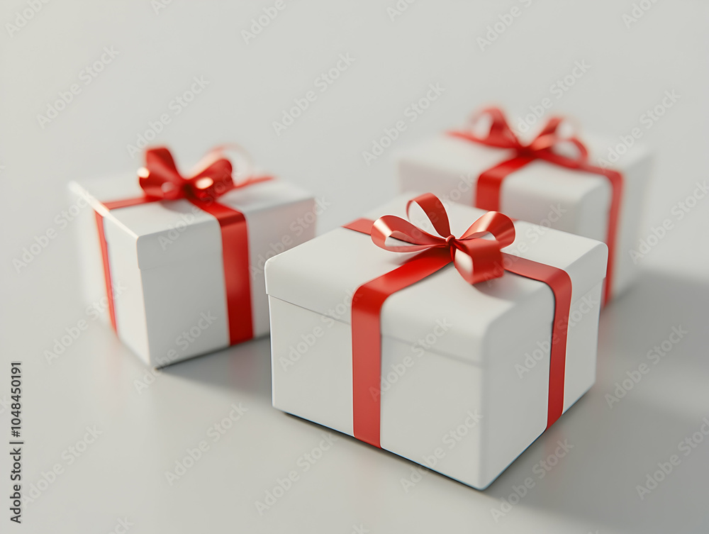 Obraz premium White background, three white gift boxes with red ribbons, a gift box series, front view, commercial photography