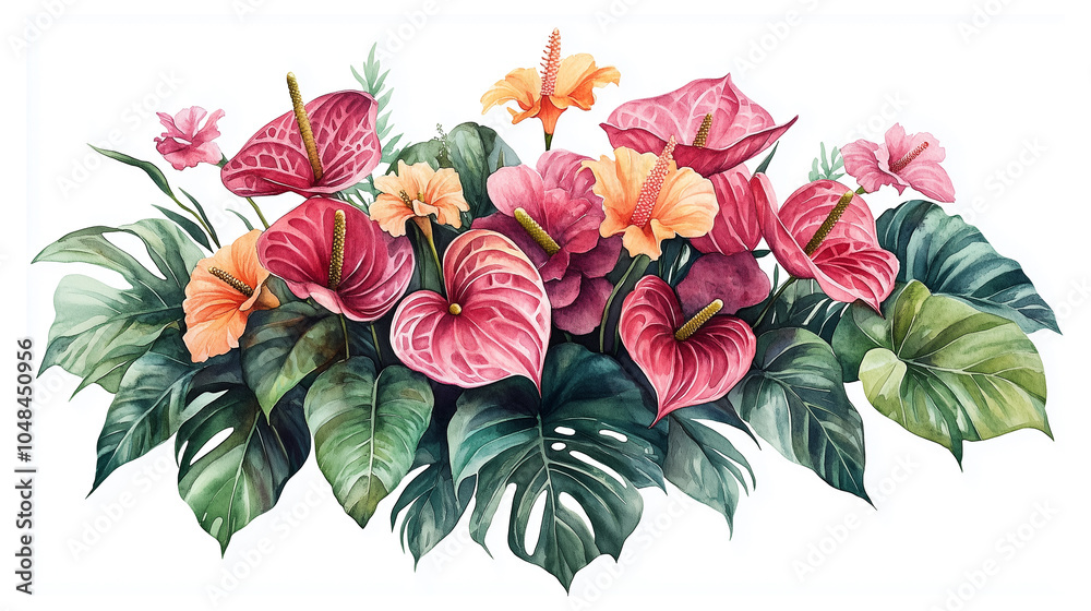 Watercolor illustration painting of anthurium flowers.