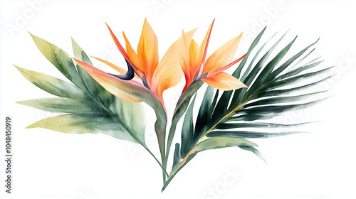 Watercolor depiction of single bird of paradise flower and palm leaf.