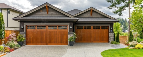 Residential garage with well-maintained driveway and double wooden brown doors.