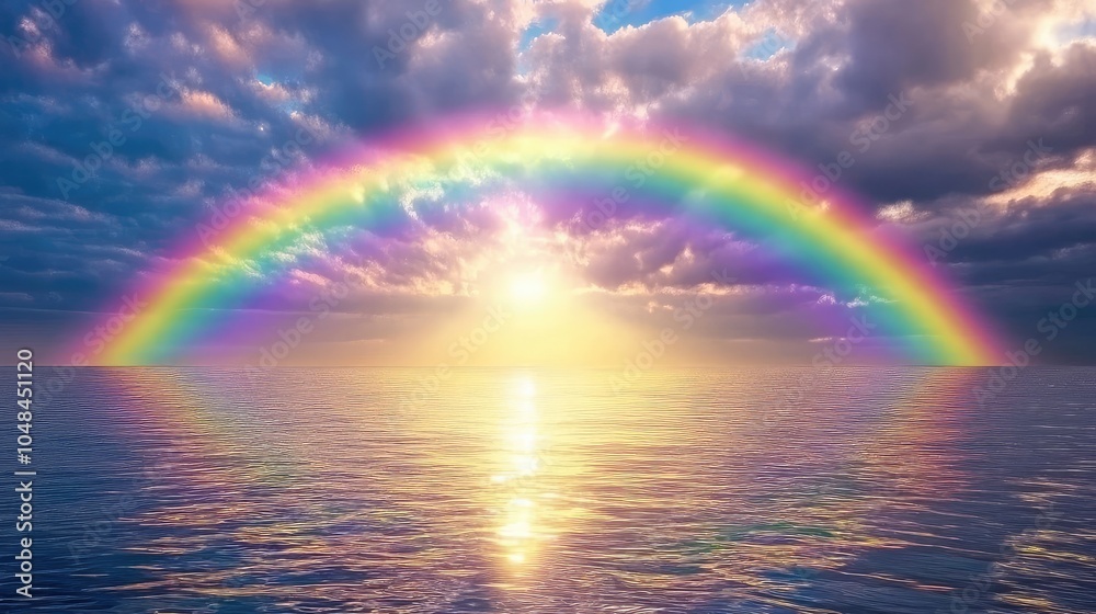 A vibrant rainbow arching over the ocean, with the sun peeking through the clouds and casting a golden glow on the water below A vibrant rainbow arching over the ocean, with the sun peeking through the clouds and casting a golden glow on the water below