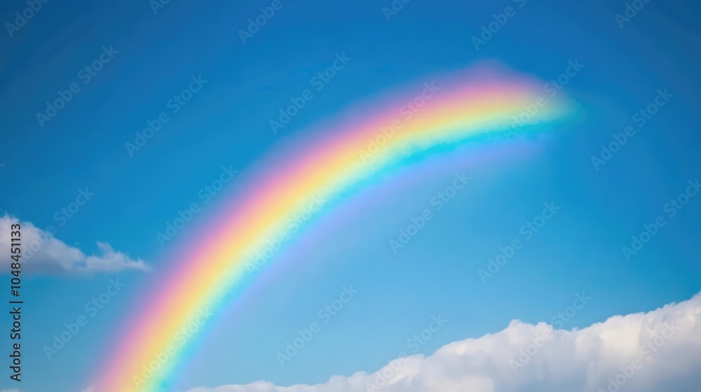 A vibrant rainbow arcing across a clear blue sky after a light rain, with faint clouds scattered in the background A vibrant rainbow arcing across a clear blue sky after a light rain, with faint clouds scattered in the background
