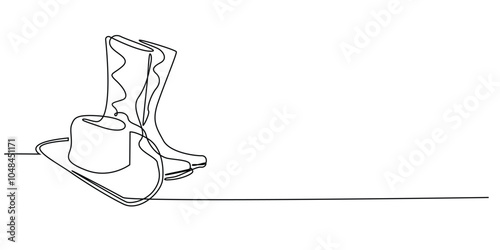 continuous line cowboy hat and boots.one line drawing of cowboy boots and hat.cowboy equipment accessories.single line vector illustration.isolated white background