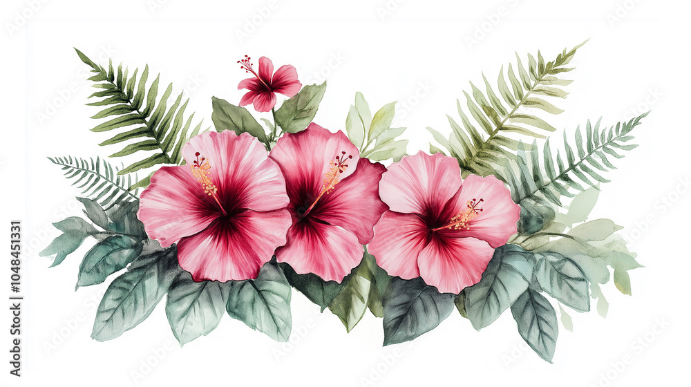 Watercolor arrangement featuring red hibiscus flower. Watercolor arrangement featuring red hibiscus flower.
