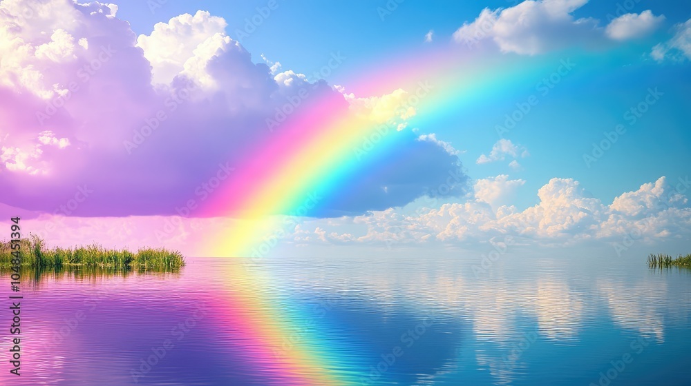 A vibrant rainbow reflected in a calm river, arching across the sky with light clouds scattered in the blue background