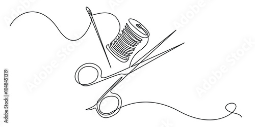 continuous line of needle, thread and scissors.one line drawing of clothing sewing equipment.single line vector illustration of boutique and clothing convection.isolated white background