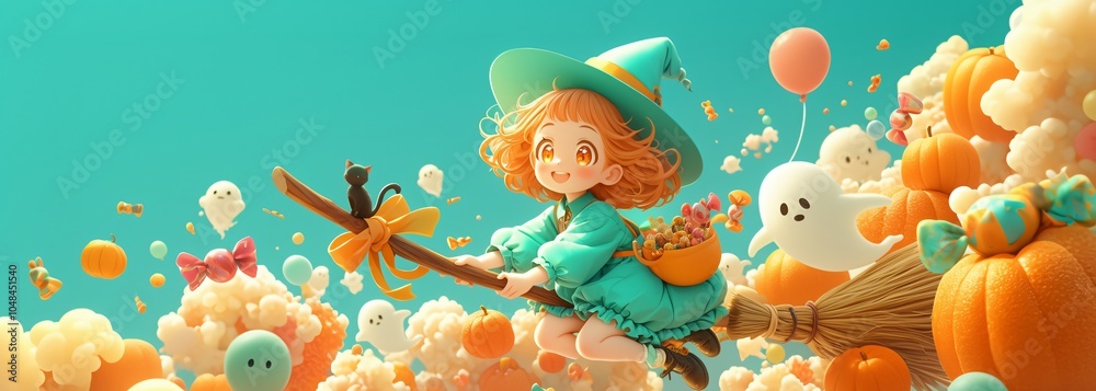 Fototapeta premium Spooky Yet Adorable Halloween 3D Banner Cartoon with Witch, Ghosts, and Candy Frighteningly Fun Decor for All Ages