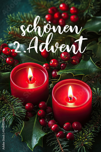 Photography of second Advent arrangement with two candles and holly leaves. The picture is supplemented with a handwritten lettering in German. The text says SCHÖNEN ZWEITEN ADVENT