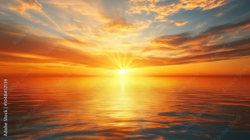 Obraz premium A vibrant sky over the sea at golden hour, with warm amber light spreading across the horizon and casting a glowing reflection on the water