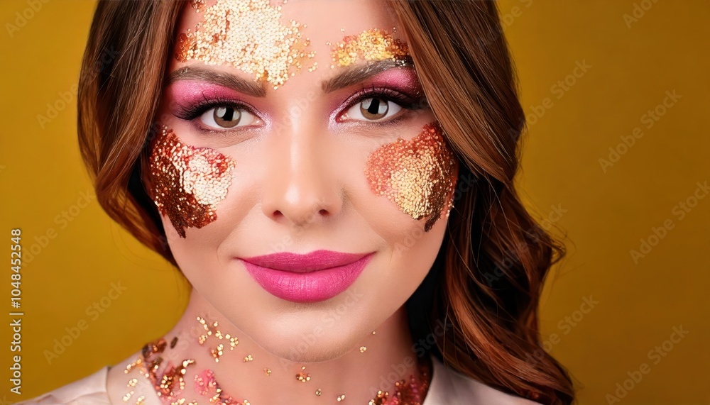 Obraz premium image of a woman made up with glitter and lots of glitter in the colors gold, silver