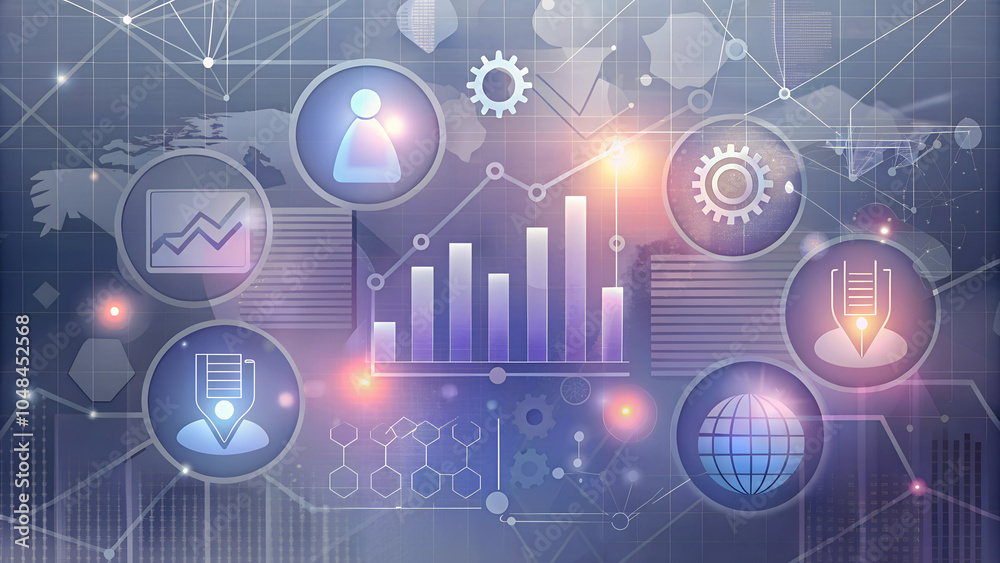Fototapeta premium Digital business analytics graphic with icons, charts, and data visualizations for professional presentations