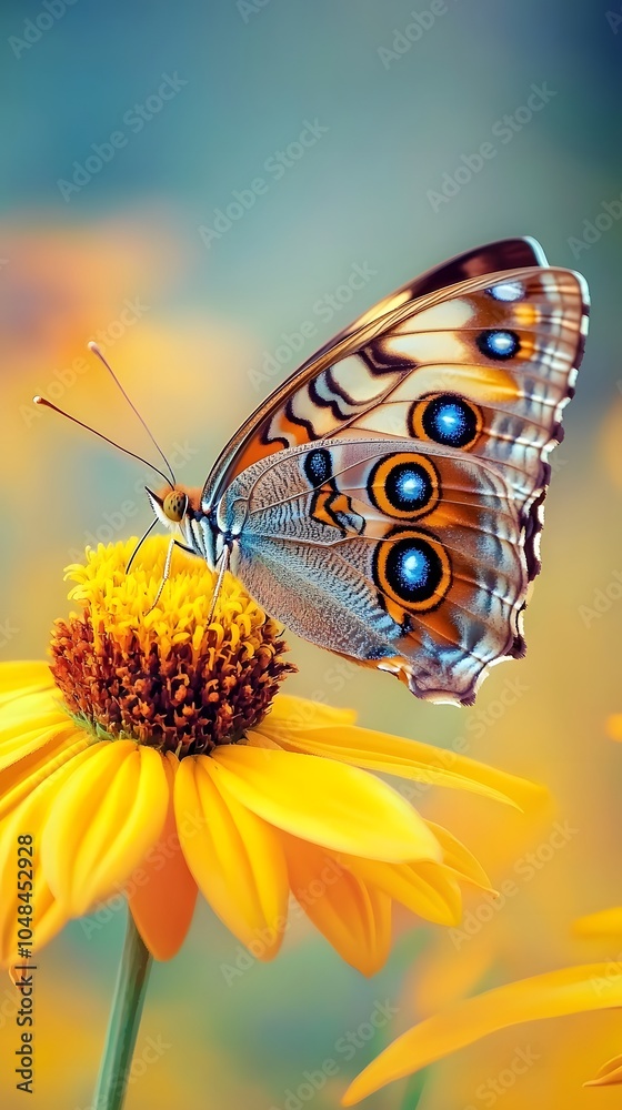 Obraz premium A photograph of a buckeye butterfly with its large, multicolored eyespots on the wings is perched delicately atop yellow petals in natural daylight