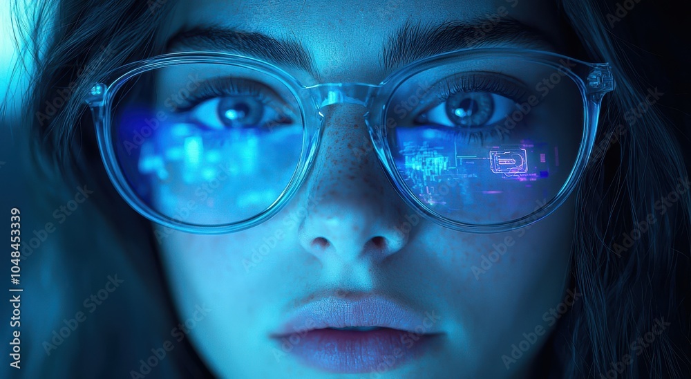 Close-up of an attractive woman wearing glasses with digital reflections, conveying technology and contemplation in a modern, futuristic environment Close-up of an attractive woman wearing glasses with digital reflections, conveying technology and contemplation in a modern, futuristic environment