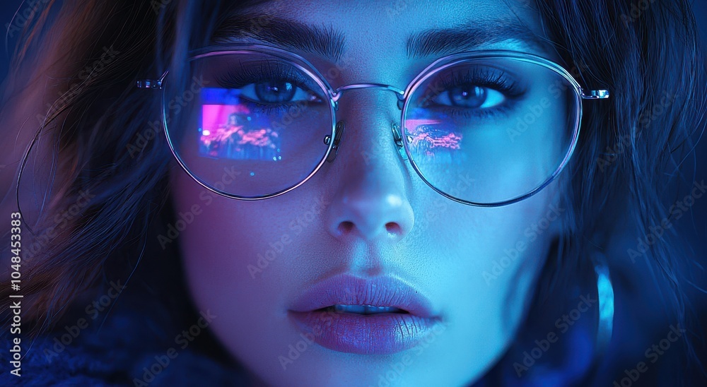 Close-up of a woman wearing glasses reflecting a digital display in dim blue lighting, highlighting her eyes. Close-up of a woman wearing glasses reflecting a digital display in dim blue lighting, highlighting her eyes.