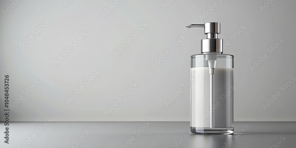A Clear Bottle With a Silver Pump Dispenser Stands on a Gray Surface Against a Minimalist Background A Clear Bottle With a Silver Pump Dispenser Stands on a Gray Surface Against a Minimalist Background