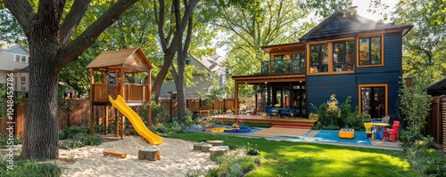 Family suburban home boasts a backyard with a colorful play area including a treehouse.