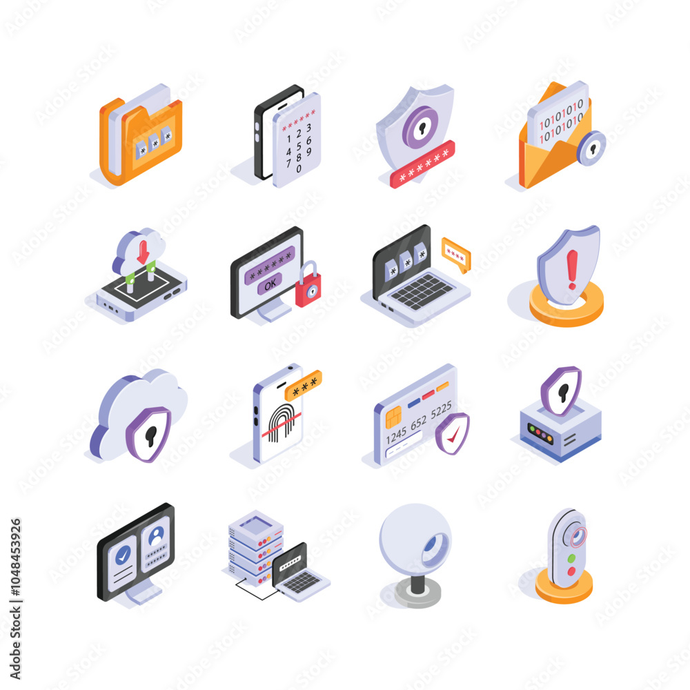 Collection of security and protection isometric icons Collection of security and protection isometric icons
