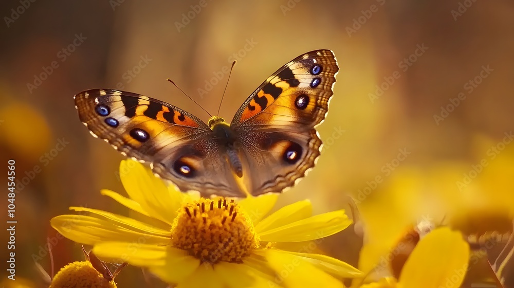 Obraz premium A photograph of a buckeye butterfly with its large, multicolored eyespots on the wings is perched delicately atop yellow petals in natural daylight