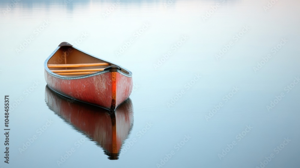 Red canoe on calm water with reflection, serene scene Red canoe on calm water with reflection, serene scene
