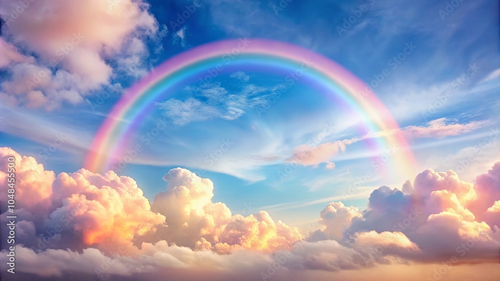 A vibrant rainbow arcs across a canvas of ethereal clouds, painting the sky with hues of hope and wonder. A vibrant rainbow arcs across a canvas of ethereal clouds, painting the sky with hues of hope and wonder.