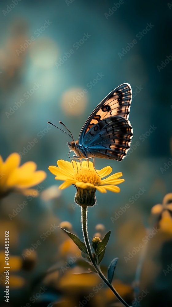 Fototapeta premium A photograph of a buckeye butterfly with its large, multicolored eyespots on the wings is perched delicately atop yellow petals in natural daylight