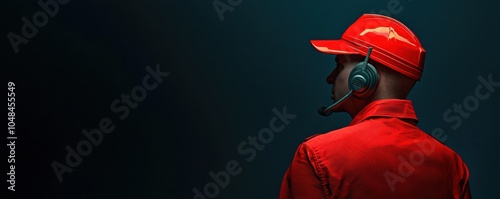 A team member in red uniform and headset stands against a dark background, conveying a professional and focused atmosphere.