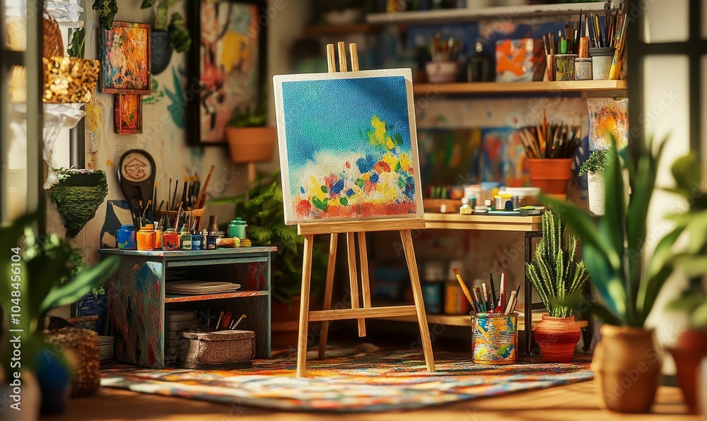 Artist's studio with easel and colorful painting. Artist's studio with easel and colorful painting.