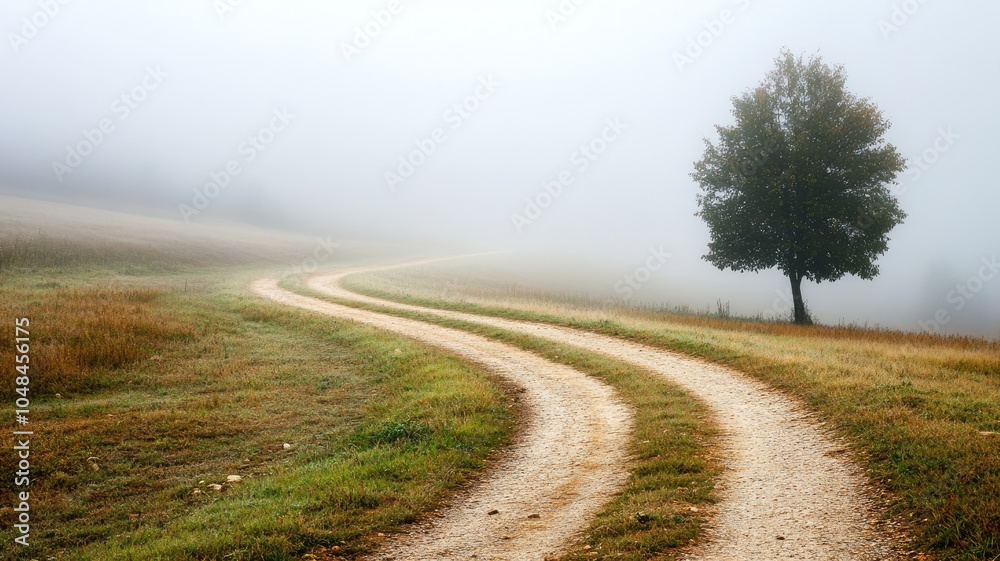 Winding dirt path leads through foggy, grassy field beside solitary tree Winding dirt path leads through foggy, grassy field beside solitary tree