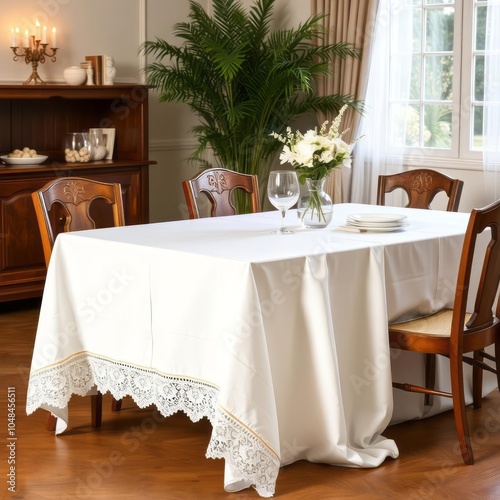 White tablecloth draped over a dining table cut outWhite tablecloth draped over a dining table cut out photo