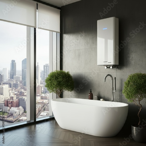 Modern bathroom with energy-efficient water heater and bathtub, enhancing comfort and sustainability. photo