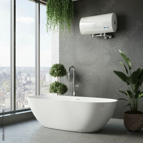 Modern bathroom with energy-efficient water heater and bathtub, enhancing comfort and sustainability. photo