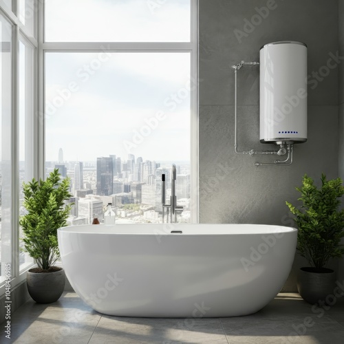 Modern bathroom with energy-efficient water heater and bathtub, enhancing comfort and sustainability. photo