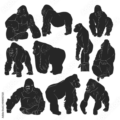 Vector Set of Gorilla Silhouettes in Various Poses