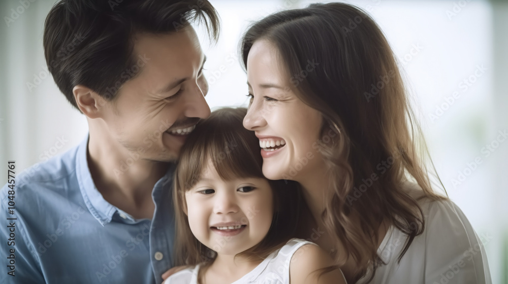 A family of three smiling at each other. A family of three smiling at each other.
