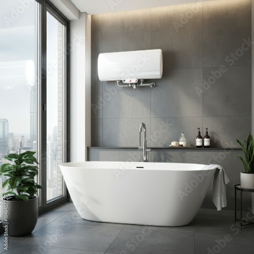 Modern bathroom with energy-efficient water heater and bathtub, enhancing comfort and sustainability. photo